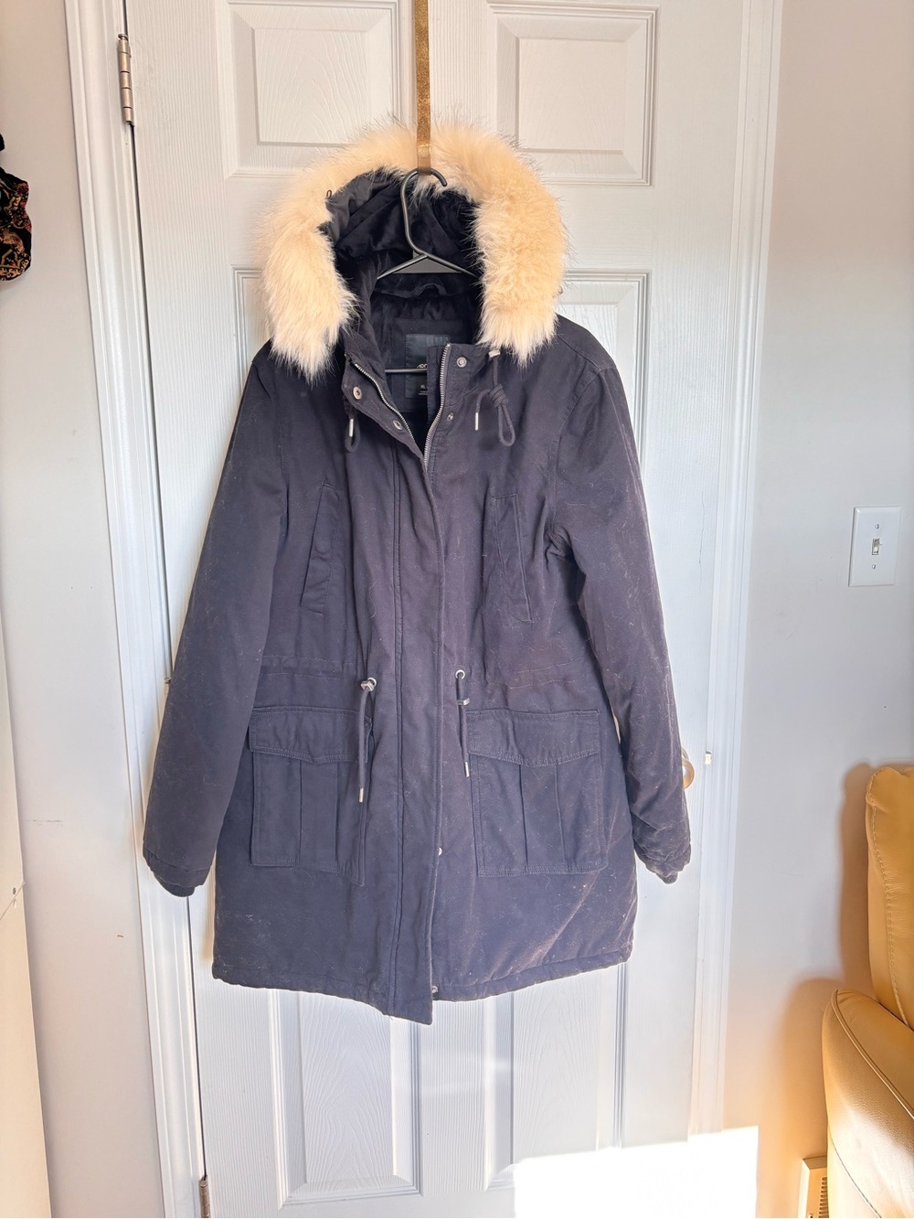 Women's Black Parka Coat with Cream Fur Trim